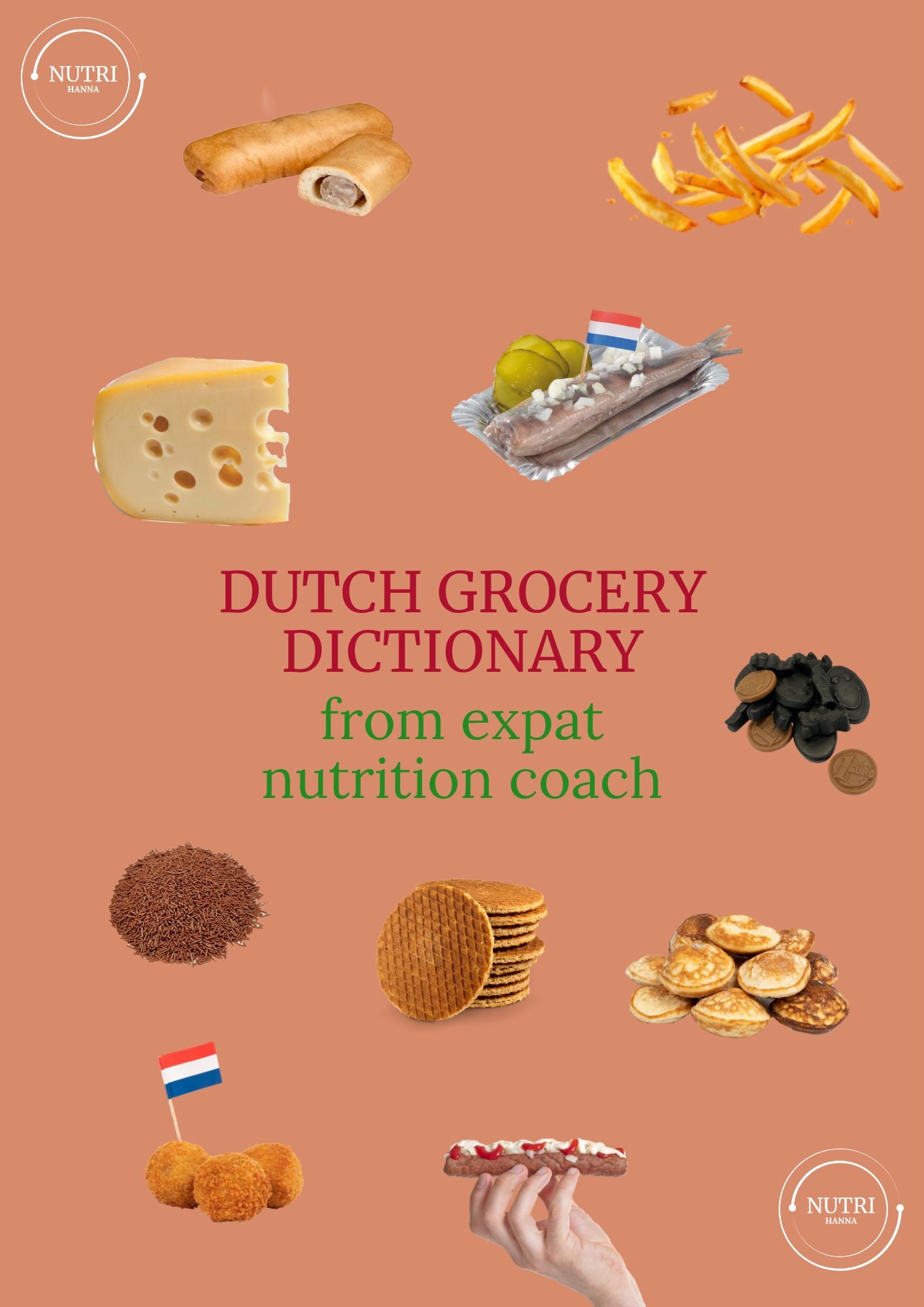 Cover of 'Dutch Grocery dictionary from Expat Nutrition Coach' with images of Dutch food items on a brown background.