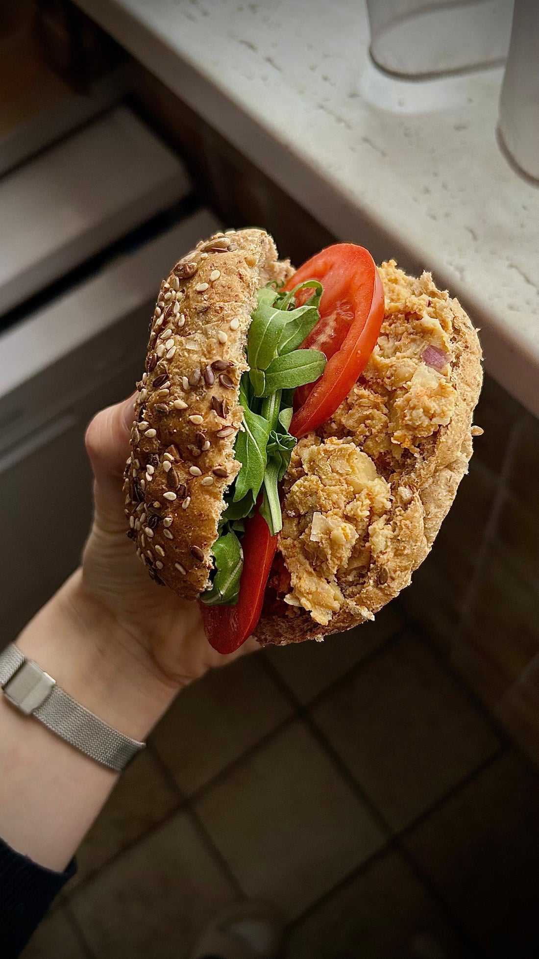 healthy sandwich with protein and fiber chickpea tomato arugula 