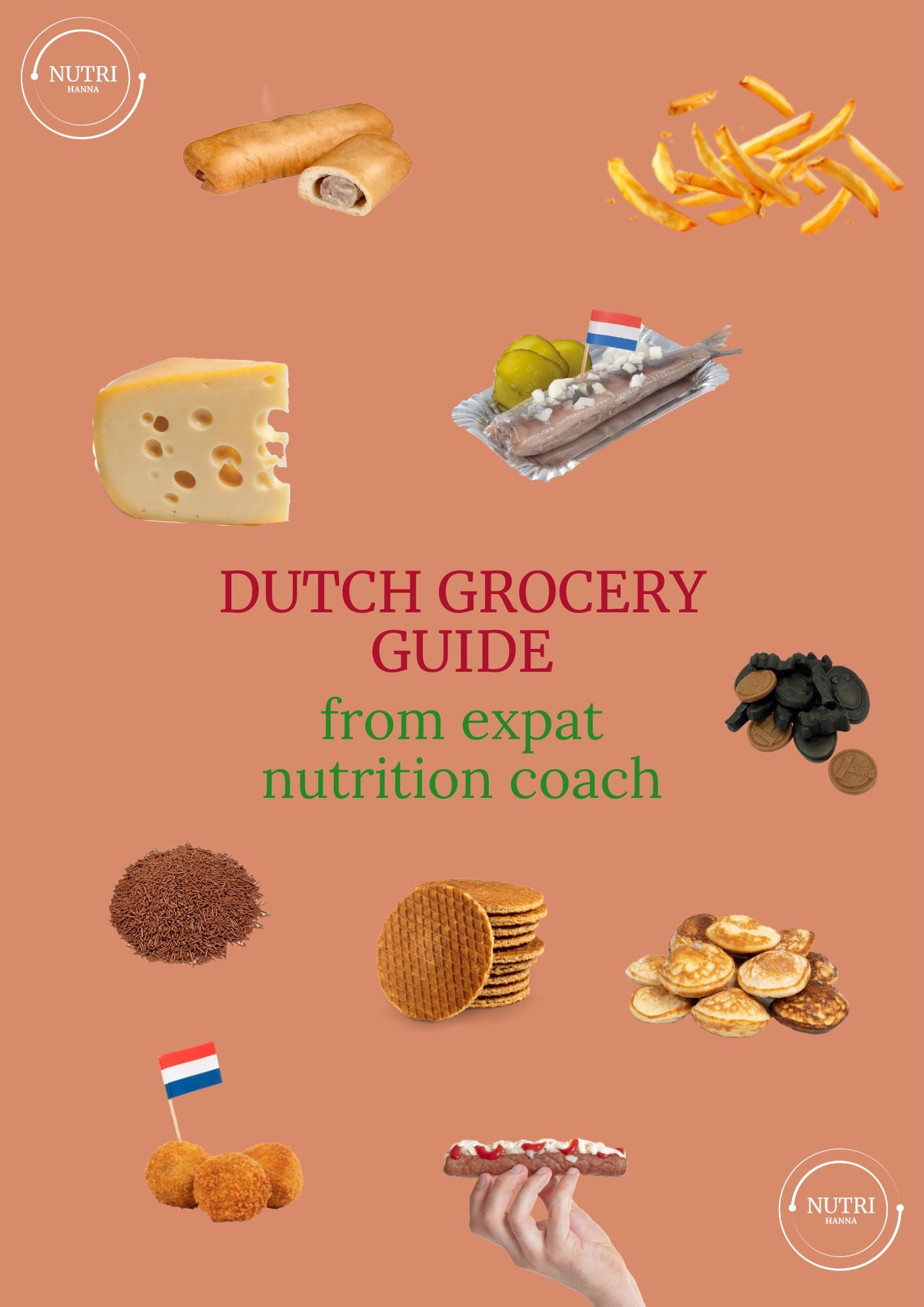 Cover of 'Dutch Grocery Guide from Expat Nutrition Coach' with images of Dutch food items on a brown background.
